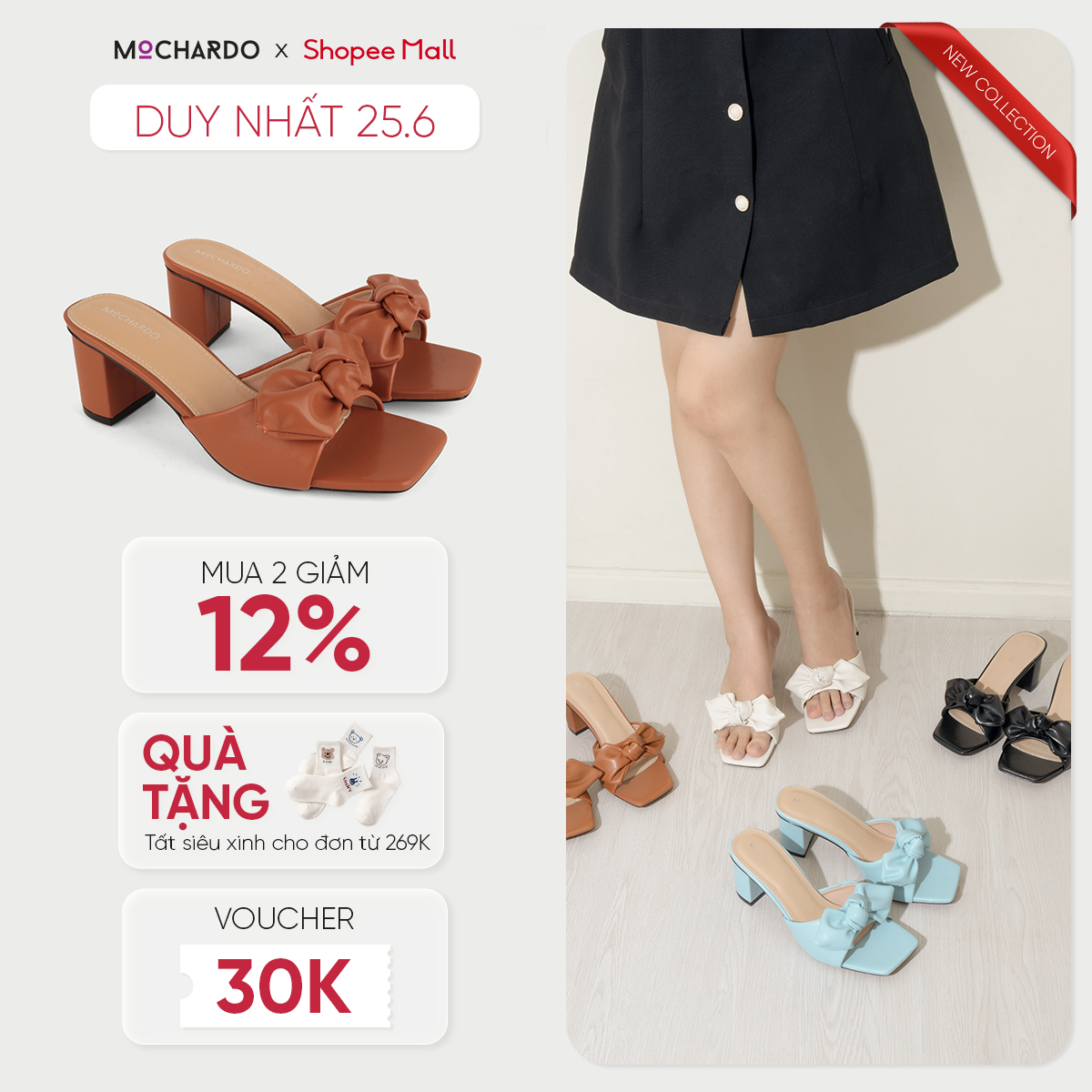 Dép Cao Gót Nữ MOCHARDO Đế Vuông Quai Ngang Phối Nơ Sang Chảnh 5cm MC.309